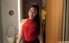 Beauty Katana strips short skirt and rides cock