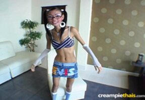 Polly lowers short skirt and sheer panties and rides cock