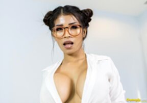 Busty Jazzy strips shirt and licks and rides cock and doggy style sex