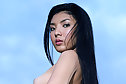 Long haired beauty Riko Chong strips bikini on sun lounger