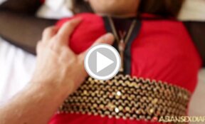 Ali bending over bed with panties lowered and fucked on her back